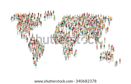 Crowd of people composing a world map, aerial view, global community, international communications and human rights concept