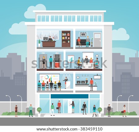 Corporate building with room interiors, office, waiting room, conference room, elevators and reception, business and finance concept, city on background