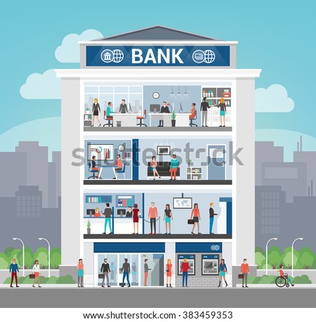Bank building with people working and room interiors, office, front desk, waiting room, self service atm and entrance, finance and banking concept