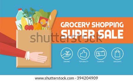 Grocery shopping banner with consumer holding a bag filled with vegetables, fruits and other food products, icons set