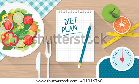 Food, diet, healthy lifestyle and weight loss banner with a dish of salad, table set and scale