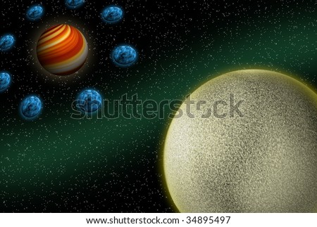 Planet with satellites and golden big one