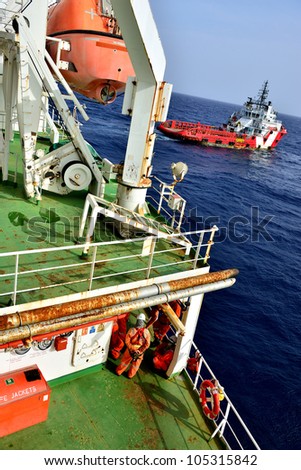 Group of the workers are waiting at offshore oil rig for supply boat in the gulf of thailand.