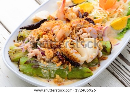 spicy eggplant salad with shrimp, minced pork,squid,Thai spicy food