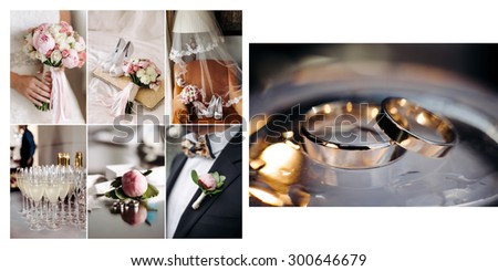 collage of photos from the wedding ring bouquet in hands of the bride shoes bride butanerka champagne glasses