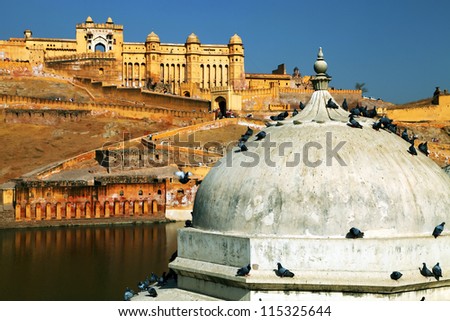 Sunset light over Amber Fort Museum in Jaipur, Rajasthan, India