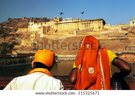 Sunset light over Amber Fort Museum in Jaipur, Rajasthan, India