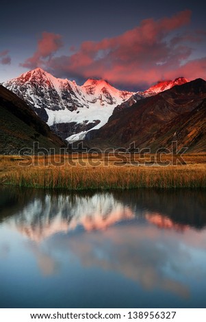 Jirishanca Peaks in sunset light, Cordiliera Huyahuash, Peru, South America