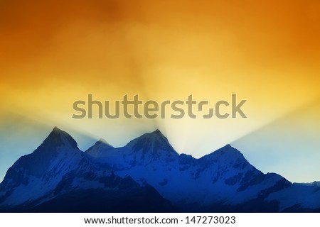 Sunset light over Huandoy Peaks,Cordiliera Blanca, Peru, South America