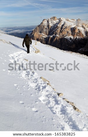 Winter trekking in the Dolomites, Sella Group, Italy, Europe