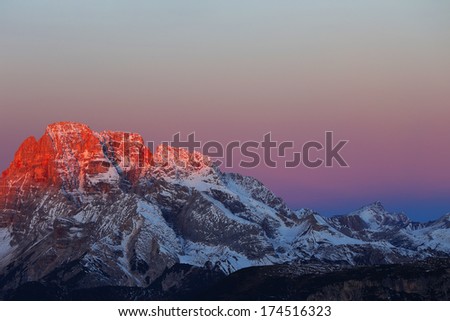Winter sunrise landscape in the Dolomites, Italy, Europe