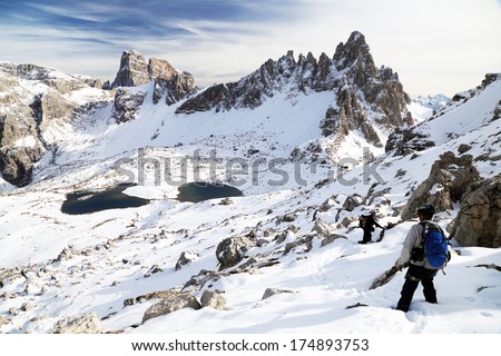Winter trekking in the Dolomites, Sella Group, Italy, Europe