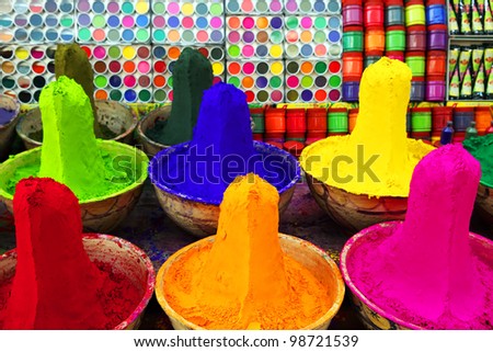 Colorful tika powders in a market of India , Asia