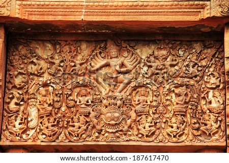 sand stone ancient carving on lintel sikhoraphum castle in thailand