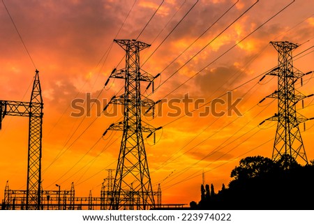 electric pillars on sunset background  in thailand