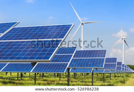 photovoltaics solar panels and wind turbines generating electricity in solar power station alternative energy from nature