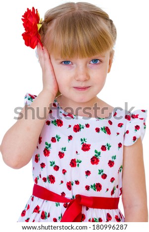 charming little girl with red rose in hair braided, half-length portrait. isolated on white background