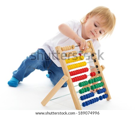 Little boy thinks the accounts concept formation and development of the child.Isolated on white background.
