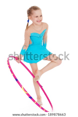 Beautiful little gymnast with the hoop.Isolated on white background.
