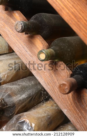 Bottles of vintage wine on shelves in a wine cellar