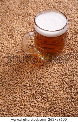 Mug of light beer standing on malted barley grains