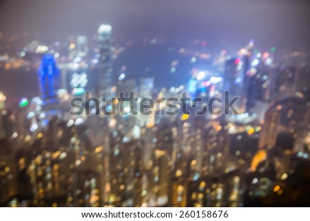 Bokeh Hong Kong night scenes view from the Peak / color tone tuned / with rain spot in front of lens