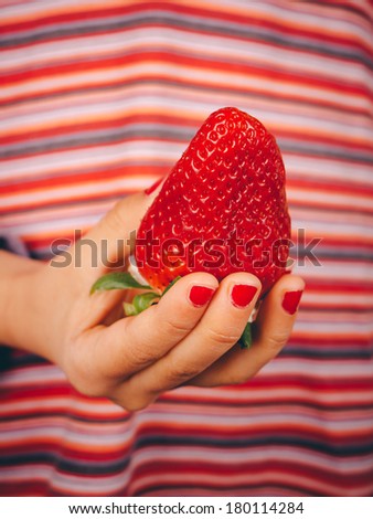 Little girl hand with red polished nails holding a big and ripe strawberry. Background striped dress. Old film effect added.