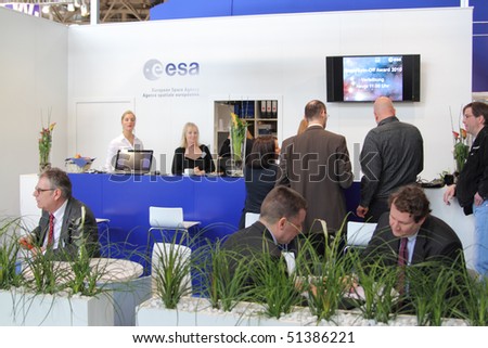 HANNOVER, GERMANY - APRIL 19: stand of the european space agency esa at the hannover industrial fair , Hannover Messe April 19, 2010 in Hannover, germany