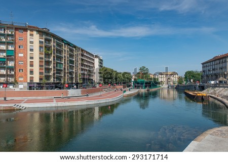 MILAN ITALY JUNE 26 2015 The Darsena a fleet of Milan after restructuring at Expo 2015 MILAN ITALY JUNE 26 2015 The Darsena a fleet of Milan after restructuring at Expo 2015