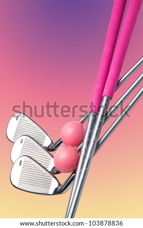 Ladies golf clubs (irons #4, 5, 6) with magenta grips and pink golf balls