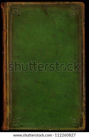 Antique leather book cover; textured with age, stains and scratches. Tooled gilded frame and floral edge emblems. Use as background.