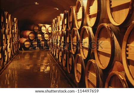 Wine Barrels In Cellar. Cavernous Wine Cellar With Stacked Oak Barrels For Maturing Red Wine.