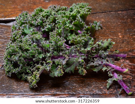 Kale leaf close up on rustic wooden surface. Red or Russian kale showing purple veins contrasting with green leaf.