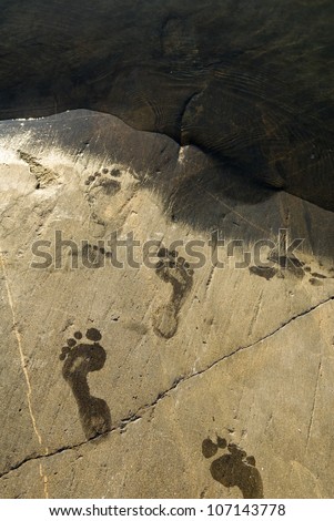 Wet footprints on flat rock, Sweden.