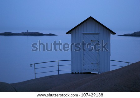 Little cabin on the cliffs by the sea, Lysekil, Sweden.