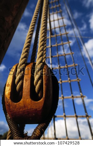 A Block or Pulley, also called Widowmaker, made out of oak, on the 17th Century post sail ship Postjakten Hiorten from 1692, rebuilt by Marinmuseet Karlskrona in 1995, Blekinge, Sweden