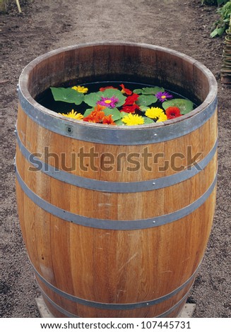 Barrel with flowers, close-up