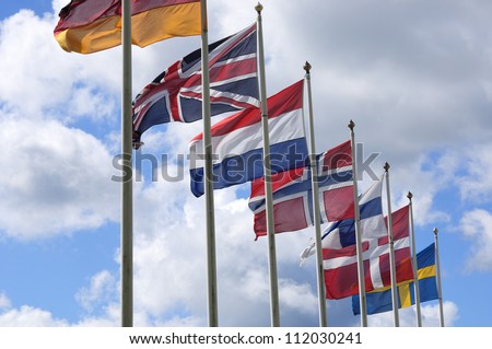European flags waving against the sky