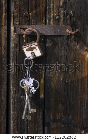 Closeup of barn door with padlock and bunch of keys hanging