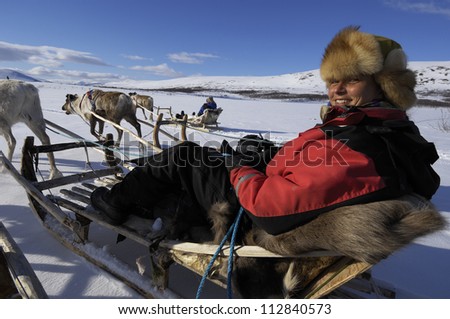 Reindeer sledding ecotourism tour, Sweden.