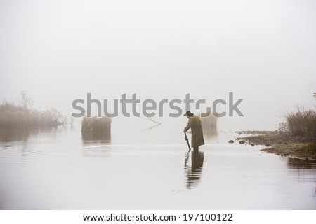 Senior man walking in fog, Ronneby, Blekinge, Sweden