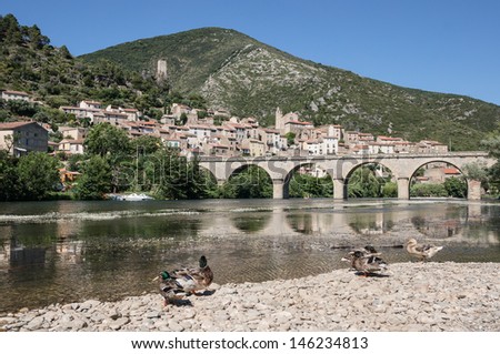 The village of Roquebrun by the orb river in the Languedoc region of France