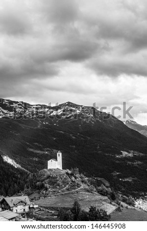 Saint Michel Chapel in the mountains of the alps, chatelard, Savoie, France (black and white)