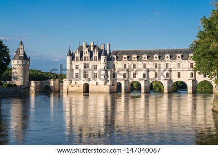 chenonceau castle at dusk, in the loire valley, france