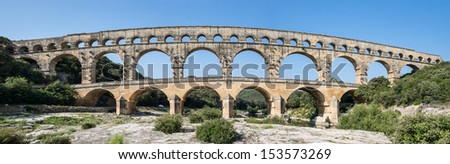 Extra wide angle shot of Pont du Gard in the morning, an old Roman aqueduct near Nimes in Southern France