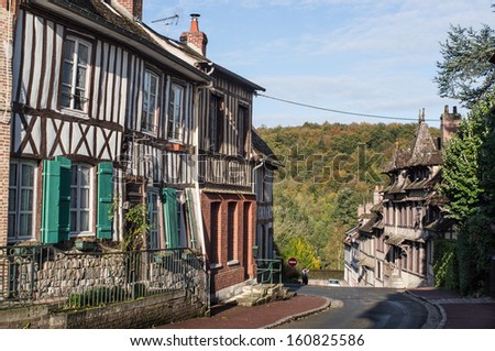 Street with timber frame buildings in timber frame building in Lyons la foret, eure, upper normandy, France