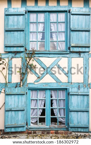 Windows of a timber frame building, Gerberoy, Oise, France