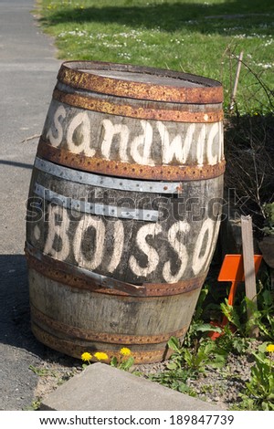Snack sign on a wine barrel, Plougrescant, Brittany, France