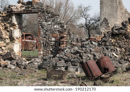 Rusty objects in the ruin, Oradour-sur-Glane, France. In this village, 642 of its inhabitants were massacred by a German Waffen-SS company in the second world war.