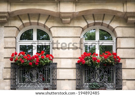 Typical Parisian windows with geranium flowers, Paris, France